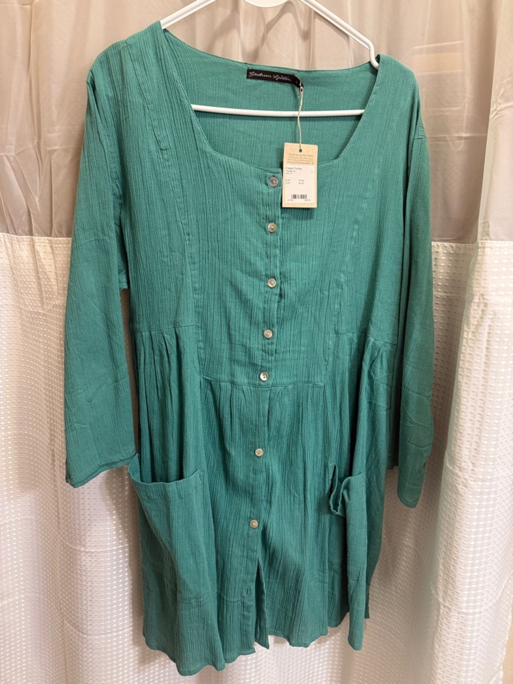 NWT Gudrun Sjoden Turquoise Cotton Tunic Crepe Tunica Women's Large Lagenlook.